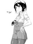  1girl black_hair camera dated garnet highres monochrome original pantyhose short_hair simple_background solo 