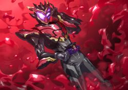  1boy absurdres armor bitter_gavv black_bodysuit bodysuit full_body gloves glowing glowing_eyes helmet highres kamen_rider kamen_rider_bitter_gavv kamen_rider_bitter_gavv_(sparkingummy_form) kamen_rider_gavv_(series) looking_at_viewer male_focus mask otokamu red_armor rider_belt solo violet_eyes 