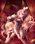  2girls animal_ears blonde_hair bow bowtie breasts bunny_tail bunnysuit cleavage coin detached_collar long_hair multiple_girls original pantyhose rabbit_ears red_eyes syarute tail tailcoat violet_eyes wrist_cuffs 