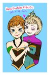  2girls anna_(frozen) arm_around_waist blonde_hair couple elsa_(frozen) frozen_(disney) hair_up hand_holding happy incest multiple_girls one_eye_closed orange_hair siblings sisters tom_(tomfrozen) yuri 