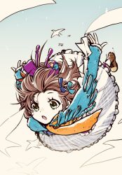  1girl :o aqua_eyes arms_up bangs_blown_up bird blue_background blue_bow blue_dress blue_scarf bow brown_footwear brown_hair dress falling flutterpage full_body gradient_background hair_bow hands_up long_dress long_sleeves open_mouth orange_scarf purple_bow reverse:1999 scarf shimada_(yam_pet) short_hair solo two-tone_scarf white_background white_bird 