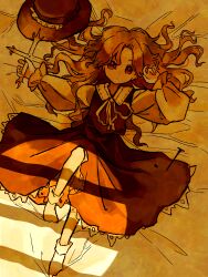  1girl bed_sheet brown_skirt brown_vest collared_shirt commentary_request cross dolls_in_pseudo_paradise frilled_hat frilled_skirt frills hat highres holding holding_cross jacket_girl_(dipp) kimura8556spsk long_hair looking_at_viewer neck_ribbon red_eyes ribbon sepia shirt skirt socks solo stake touhou unworn_hat unworn_headwear very_long_hair vest wavy_hair white_shirt 