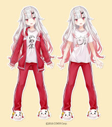  1girl center-flap_bangs clothes_writing commentary_request copyright_notice fang full_body gradient_hair grey_hair hair_between_horns higeneko highres hololive horns jacket long_hair long_sleeves messy_hair multicolored_hair nakiri_ayame nakiri_ayame_(off-work) official_alternate_costume official_alternate_hairstyle official_art oni open_clothes open_jacket outline pants red_eyes red_hair red_jacket red_pants shirt sidelocks simple_background skin-covered_horns slippers t-shirt track_jacket track_pants virtual_youtuber white_footwear white_outline white_shirt yellow_background 