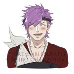  1boy artist_name artist_request blush character_name closed_eyes copyright_name fire_emblem fire_emblem_if headband krazehkai lowres open_mouth portrait purple_hair shinonome_(fire_emblem_if) simple_background solo teeth white_background 