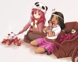  2girls :i between_breasts black_footwear black_hair black_socks blush breasts brown_skirt closed_mouth collared_shirt commentary_request crossover dark-skinned_female dark_skin eating feather_hair_ornament feathers food full_body gloves green_eyes hair_ornament highres jacket long_sleeves matsuri_(senran_kagura) medium_hair merchant_(ragnarok_online) multiple_girls open_clothes open_jacket open_mouth panda_hat pink_gloves pink_hair pink_jacket plaid_clothes plaid_skirt ragnarok_online roasted_sweet_potato senran_kagura senran_kagura_new_wave shirt shoes short_sleeves skirt smile socks strap_between_breasts stuffed_animal stuffed_panda stuffed_toy sweet_potato white_shirt wristband yellow_eyes yukizaki_(snowy_cape) 