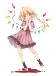  1girl alternate_costume black_legwear blonde_hair contemporary dress fangs flandre_scarlet full_body highres looking_at_viewer open_mouth red_eyes shoes short_sleeves side_ponytail simple_background smile socks solo touhou toutenkou vampire white_background white_shoes wings 