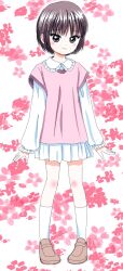  1girl black_eyes black_hair blush brown_footwear brown_hair dress full_body kneehighs long_sleeves looking_at_viewer oda_shuuki original shoes short_hair skirt smile socks solo standing 