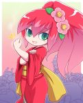  1girl :d blush blush_stickers clenched_hand flower green_eyes hair_flower hair_ornament hand_on_own_arm high_ponytail japanese_clothes kimono long_hair looking_at_viewer multicolored_hair nollety open_mouth parody redhead sleeves_rolled_up smile solo tsubakihime_(youkai_watch) two-tone_hair we_can_do_it! youkai_watch 