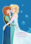  2girls anna_(frozen) blonde_hair blue_eyes braid closed_eyes couple cover cover_page doujin_cover elsa_(frozen) english frozen_(disney) happy hug incest multiple_girls orange_hair siblings single_braid sisters smile snowflakes tears tom_(tomfrozen) twin_braids yuri 