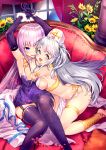  2girls anklet aqua_eyes armpits arms_up barefoot bdsm blue_eyes blush bondage bound breasts cleavage cuffs dress dutch_angle elbow_gloves flower garter_straps gloves hat indoors jewelry kneeling large_breasts leaning_forward leg_up loincloth long_hair looking_at_viewer midriff multiple_girls open_mouth pink_hair purple_dress purple_gloves purple_legwear restrained short_dress sideboob silver_hair sitting smile sword_girls tangamja thigh-highs thighlet two_side_up very_long_hair 