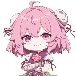  1girl :3 absurdres ahoge bandaged_arm bandages blush bun_cover chibi chibi_only closed_mouth commentary_request crossed_arms cuffs double_bun flower green_skirt hair_bun highres ibaraki_kasen liefeng_dm looking_at_viewer pink_eyes pink_hair puffy_short_sleeves puffy_sleeves red_flower red_rose red_tabard rose shackles short_hair short_sleeves simple_background skirt smile solo tabard touhou upper_body v-shaped_eyebrows white_background 