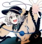  1girl bow eyeball green_eyes hat hat_bow hat_ribbon heart heart-shaped_pupils heart_of_string komeiji_koishi long_sleeves open_mouth outstretched_arms ribbon shirt short_hair silver_hair skirt smile solo string symbol-shaped_pupils third_eye touhou wide_sleeves yonago 