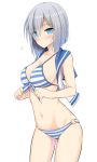  1girl alternate_costume bare_arms bikini blue_eyes breasts commentary_request hair_ornament hair_over_one_eye hairclip hamakaze_(kantai_collection) kantai_collection large_breasts looking_at_viewer navel short_hair sideboob silver_hair simple_background solo striped striped_bikini swimsuit takeyuu thighs white_background 
