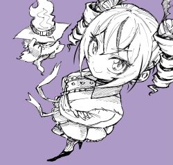  1girl arms_under_breasts digimon digimon_card_game digimon_liberator dress drill_hair from_above full_body ghostmon highres looking_at_viewer monochrome purple_background shining_neko simple_background smile twin_drills violet_inboots 