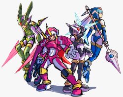  1girl 3boys armor blue_armor blue_eyes blue_helmet brother_and_sister brothers dual_wielding energy_blade energy_sword fairy_leviathan_(mega_man) fighting_fefnir_(mega_man) fins forehead_jewel full_body green_armor green_eyes green_helmet group_picture head_fins helmet hidden_phantom_(mega_man) highres holding holding_cannon holding_polearm holding_weapon horns mechanical_wings mega_man_(series) mega_man_zero_(series) multiple_boys n2ure7tfisnzmcd ninja polearm purple_armor purple_helmet red_armor red_eyes red_helmet red_scarf sage_harpuia_(mega_man) scarf siblings simple_background smirk spear sword violet_eyes weapon white_background winged_helmet wings 