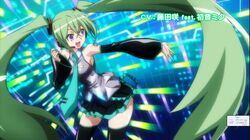  bangs cosplay detached_sleeves green_hair hatsune_miku hatsune_miku_(cosplay) headphones highres kannagi_itsuki long_hair necktie purple_eyes screencap skirt solo sora_wo_kakeru_shoujo thighhighs twintails very_long_hair vocaloid zettai_ryouiki 