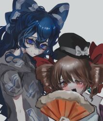  2girls black_hat blue_bow blue_eyes blue_hair blush bow brown_eyes brown_hair coat commentary_request crystal_earrings debt dress drill_hair earrings fang from_side fur_trim grey_hoodie hair_between_eyes hair_bow hair_ribbon hand_fan hand_up haniwa_kue hat hat_bow highres holding holding_fan hood hoodie jewelry large_bow long_hair looking_at_viewer multiple_girls open_clothes open_coat open_mouth purple_coat red_bow red_ribbon ribbon short_sleeves siblings sidelocks simple_background sisters skin_fang smile sweatdrop top_hat touhou twin_drills two-sided_coat two-sided_fabric upper_body wavy_hair white_background white_bow white_coat white_dress yorigami_jo'on yorigami_shion 