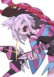  1girl blue_dress blue_eyes dress electric_guitar guitar hair_bobbles hair_ornament haruyuki_(gffewuoutgblubh) holding holding_guitar holding_instrument instrument pokemon pokemon_(creature) pokemon_bw2 purple_dress roxie_(pokemon) scolipede short_hair simple_background striped_clothes striped_dress teeth topknot two-tone_dress upper_teeth_only white_background white_hair 