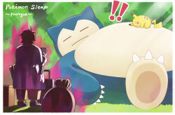  ! !! 1boy border claws closed_eyes closed_mouth coat commentary_request copyright_name crate day fangs fangs_out grass holding k-n long_sleeves male_focus outdoors pants pikachu pokemon pokemon_(creature) pokemon_sleep professor_neroli shoes short_hair snorlax standing white_border 