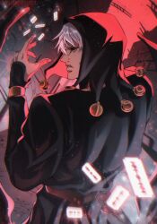  1boy belt black_coat black_hood black_sclera brown_belt coat colored_sclera english_commentary from_behind grey_hair highres jojo_no_kimyou_na_bouken kujaarts long_sleeves looking_back male_focus parted_lips razor_blade red_eyes risotto_nero solo teeth upper_body vento_aureo 