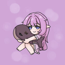  1girl barefoot blue_eyes blush chibi closed_mouth commentary_request dress elysia_(honkai_impact) full_body highres honkai_(series) honkai_impact_3rd hugging_object knees_together_feet_apart looking_at_viewer mokkyo_(motkyo) pink_background pink_dress pink_hair pointy_ears puffy_short_sleeves puffy_sleeves short_sleeves simple_background smile solo stuffed_whale 