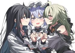  3girls ahoge black_gloves black_hair blue_eyes blue_hair blue_shirt blush closed_mouth coat collared_shirt commentary commission cross-shaped_pupils de_lacey_(neural_cloud) de_lacey_(pollen_pulse)_(neural_cloud) english_commentary female_professor_(neural_cloud) girls&#039;_frontline_neural_cloud girls_frontline gloves green_hair highres horns hug long_hair looking_at_another looking_at_viewer maid maid_headdress multiple_girls official_alternate_costume open_mouth professor_(neural_cloud) rirua_(kjom802) second-party_source shirt simple_background smile symbol-shaped_pupils undine_(clumsy_band&#039;s_maid_service)_(neural_cloud) undine_(neural_cloud) upper_body violet_eyes white_background white_coat 