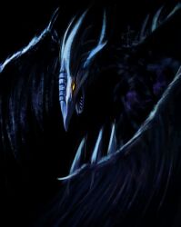  1other absurdres black_background crain1art dragon dragon_horns dragon_wings duel_monster facing_to_the_side feathered_wings flapping flying highres horns looking_to_the_side muted_color no_humans open_mouth photo-referenced purple_trim roaring spot_color spread_wings stardust_dragon upper_body wings yellow_eyes yu-gi-oh! yu-gi-oh!_5d's 
