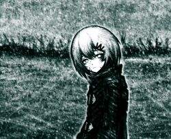  11e10 1girl blank_stare bob_cut canvas_texture coat distortion green_light hair_between_eyes hair_ornament hairclip head_tilt highres lens_eye looking_at_viewer marie_(peripeteia) partially_colored peripeteia popped_collar short_hair simple_background solo trench_coat triangle_button upper_body 