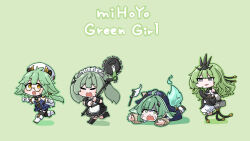  4girls absurdres animal_ears apron barefoot black_boots black_dress blue_dress blue_fire boots brown-framed_eyewear brown_eyes chibi circular_saw colored_shadow commentary_request company_connection corin_wickes crossover crying dress fiery_tail fire flag frilled_dress frills genshin_impact glasses green_background green_hair green_outline hat highres holding honkai:_star_rail honkai_(series) honkai_impact_3rd huohuo_(honkai:_star_rail) knee_boots long_hair lying maid maid_headdress mihoyo mobius_(honkai_impact) mokkyo_(motkyo) multiple_crossover multiple_girls on_stomach outline paw-shaped_pupils puffy_short_sleeves puffy_sleeves running saw semi-rimless_eyewear shadow short_sleeves simple_background sitting streaming_tears sucrose_(genshin_impact) symbol-shaped_pupils tail tears trait_connection turn_pale twintails under-rim_eyewear very_long_hair white_apron white_flag white_hat zenless_zone_zero 