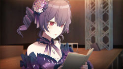  1girl black_hair blush dress highres idolmaster idolmaster_shiny_colors idolmaster_shiny_colors_song_for_prism long_hair morino_rinze multicolored_hair official_art open_mouth red_eyes skirt solo twintails 