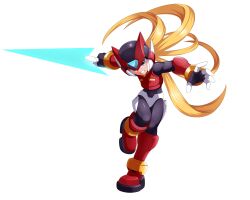  1boy absurdres android armor black_eyes blonde_hair energy_sword forehead_jewel full_body helmet highres holding holding_sword holding_weapon jwc_vevo long_hair male_focus mega_man_(series) mega_man_zero_(series) red_armor red_helmet simple_background solo sword weapon white_background z_saber 