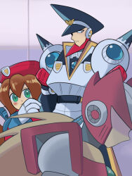  1girl 2boys android armor arms_behind_back beret blonde_hair blush brother_and_sister brown_hair chest_jewel closed_mouth colonel_(mega_man) dress forehead_jewel from_side gloves grabbing_another&#039;s_arm gradient_background green_eyes hat helmet hiding hiding_behind_another highres iris_(mega_man) jewelry long_hair looking_at_another mega_man_(series) mega_man_x4 mega_man_x_(series) military military_hat military_uniform multicolored_dress multiple_boys no_eyes no_mouth peaked_cap ponytail red_armor red_hat red_helmet robot robot_ears robot_girl shadow shoulder_armor shoulder_jewel shoulder_spikes siblings simple_background spikes user_xguj2433 very_long_hair white_armor white_gloves zero_(mega_man) 