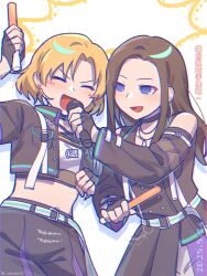  2girls :d arm_belt arm_up bang_dream! belt belt_buckle black_choker black_coat black_gloves black_jacket black_pants blonde_hair blue_belt blue_eyes blush_stickers breast_pocket brown_hair buckle buttons chinese_text choker clenched_hand closed_eyes clothing_cutout coat collared_jacket criss-cross_halter crop_top cropped_jacket cropped_shirt dated drop_shadow earrings fingerless_gloves gloves glowstick half_gloves halter_shirt halterneck hand_up highres holding holding_glowstick holding_microphone jacket jewelry long_hair long_sleeves looking_at_another microphone midriff multiple_girls navel open_clothes open_jacket open_mouth pants pendant pocket purple_pants sato_masuki short_hair shoulder_belt shoulder_cutout side-by-side smile striped_belt translation_request twitter_username two-tone_belt two-tone_pants umaa42 v-shaped_eyebrows wakana_rei white_background white_belt 