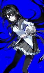  1girl absurdres akemi_homura argyle_clothes argyle_footwear back_bow benwan_yaotou_xiangrikui_zhizao_zhong black_boots black_capelet black_hair black_hairband blue_background boots bow bowtie capelet clenched_hand closed_mouth dress embers expressionless eyelashes feet_out_of_frame floating_hair frilled_skirt frills frown grey_capelet grey_skirt gun hair_between_eyes hair_intakes hairband handgun highres holding holding_gun holding_weapon long_hair magical_girl mahou_shoujo_madoka_magica mahou_shoujo_madoka_magica_(anime) miniskirt pale_skin pleated_skirt purple_bow purple_bowtie shield short_dress sidelocks signature simple_background skirt skirt_under_dress solo thigh_boots tsurime two-tone_capelet very_long_hair violet_eyes weapon white_dress 