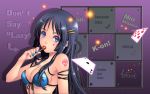  1girl akiyama_mio bikini_top black_hair blue_eyes candy card don&#039;t_say_&quot;lazy&quot; facepaint front-tie_top hair_ornament hairclip holding holding_card k-on! lollipop nail_polish solo tattoo tidsean wallpaper 
