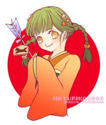  1girl 2000s_(style) 2002 arrow_(projectile) bad_id blush braid closed_mouth ema flower green_hair hair_flower hair_ornament hamaya holding holding_arrow japanese_clothes kimono looking_at_viewer lowres medium_hair orange_flower orange_kimono original red_background smile solo tachibana_sakuya_(matsurika) twin_braids two-tone_background upper_body white_background yellow_eyes 