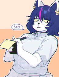  1girl animal_ear_piercing animal_ears animal_nose black_eyes black_hair breasts cat_ears cat_girl catti_(deltarune) chromatic_aberration collared_shirt colored_sclera colored_skin commentary_request deltarune english_text from_below furry furry_female halftone highres holding holding_pen komugiko_(bitte_komu) large_breasts multicolored_hair open_mouth orange_background outline pen pink_hair shirt short_hair short_sleeves simple_background solo speech_bubble streaked_hair tongue two-tone_hair upper_body white_outline white_shirt white_skin writing yellow_sclera 