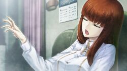  1girl 2015 breasts calendar_(object) collared_shirt future_gadget_lab game_cg hand_up highres huke indoors long_hair long_sleeves non-web_source official_art pain red_hair ringed_eyes shiina_kagari shirt small_breasts solo steins;gate steins;gate_0 white_shirt yellow_trim 