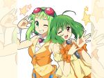  ahoge armband bow goggles green_eyes green_hair gumi headphones headset macross_frontier microphone ranka_lee red_eyes seikan_hikou seiyuu_joke star vocaloid wing_collar wink zoom_layer 