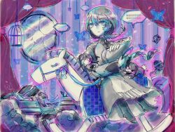 1girl alter_ego_(game) black_eyes black_hair blue_butterfly book braid braided_ponytail butterfly cage camera collared_jacket collared_shirt crying crying_with_eyes_open curtains doll es_(alter_ego) grey_eyes jacket looking_to_the_side mirror pointy_hat rocking_horse solo solo_focus tagme tears toy undershirt uniform white_gloves