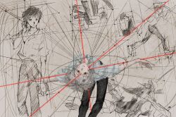  2boys abstract black_pants collared_shirt eva_01 evangelion_(mecha) grey_hair highres ikari_shinji instrument leaning_back male_focus multiple_boys nagisa_kaworu neon_genesis_evangelion outstretched_arms pants paper_texture piano red_eyes shirt sketch_background sketch_inset surreal white_background white_shirt zhiwukafuka 