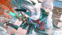  1boy ankle_ribbon autumn_leaves bad_link beads dual_swords dynamic_pose embroidery falling_leaves fingerless_gloves fur_collar gloves green_eyes heterochromia highres japanese_clothes katana kimono leaf leg_ribbon messy_hair midair murakumo_kagetsu murakumo_kagetsu_(1st_costume) namiki_itsuki nijisanji obi open_mouth open_toe_sandals ribbon rope_belt sash scarf sheathed_sword short_hair short_kimono shorts smile solo sword tassel violet_eyes weapon white_hair wind_swirl 