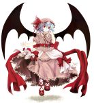  bat_wings blue_hair dress frills hat highres red_eyes remilia_scarlet ribbon simple_background socha solo touhou wings 