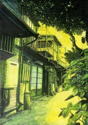  absurdres alley architecture balcony building complex_exterior crosshatching east_asian_architecture green_theme hatching_(texture) highres ibsukionsen leaf linear_hatching monochrome no_humans original outdoors plant railing road scenery shouji sliding_doors traditional_media trash_can tree window 