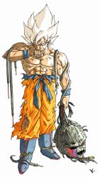  1boy battle_damage blonde_hair blue_boots boots disembodied_head dragon_ball dragon_ball_z full_body highres kakeru_(dbskakeru) medium_hair meta-cooler muscular muscular_male orange_pants pants red_eyes simple_background solo son_goku spiky_hair super_saiyan super_saiyan_1 topless_male torn_clothes torn_pants white_background 