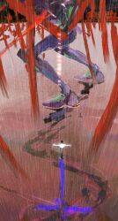  1boy absurdres armor black_hair black_pants character_name copyright_name cross different_reflection eva_01 evangelion_(mecha) faux_traditional_media film_grain highres hj_hikari0606 ikari_shinji impressionism lance_of_longinus_(evangelion) neon_genesis_evangelion outstretched_arms pants purple_armor rain reflection reflective_floor reflective_water shirt short_hair white_shirt 