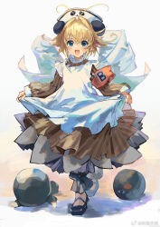  1girl antenna_hair apron armband black_shoes blonde_hair brown_dress di_gi_charat dress full_body green_eyes highres ichi_(two_too_22) long_sleeves looking_at_viewer nazo_gema open_mouth panda_hat piyoko shoes short_hair solo white_apron 