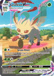  animal animal_focus artist_name blue_sky brown_eyes card_(medium) character_name clouds company_name copyright_name copyright_notice day dynamax english_text fence full_body hay_bale hyogonosuke leaf leafeon no_humans official_art outdoors oversized_animal pillar_of_light pokemon pokemon_(creature) pokemon_card pokemon_focus pokemon_tcg rake red_clouds shovel sky solo third-party_source trading_card tree wheelbarrow 