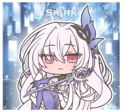  1girl :&lt; ai-assisted ai-generated_background artist_name azurelight_(genshin_impact) bare_shoulders blue_thighhighs blurry blurry_background blush border breasts character_name chibi chibi_only closed_mouth commentary dress feet_out_of_frame futaba_(anti_clockwise) genshin_impact hair_between_eyes hair_intakes hair_ornament highres holding holding_weapon light_particles long_hair looking_at_viewer medium_breasts pink_eyes skirk_(genshin_impact) solo symbol-only_commentary thigh-highs triangle_mouth very_long_hair weapon white_border white_dress white_hair 