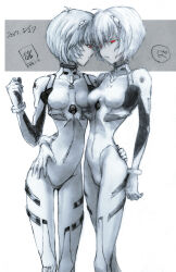  2girls ayanami_rei blue_hair evangelion_(mecha) hand_on_hip head_to_head looking_at_another neon_genesis_evangelion plugsuit red_hair short_hair tagme 